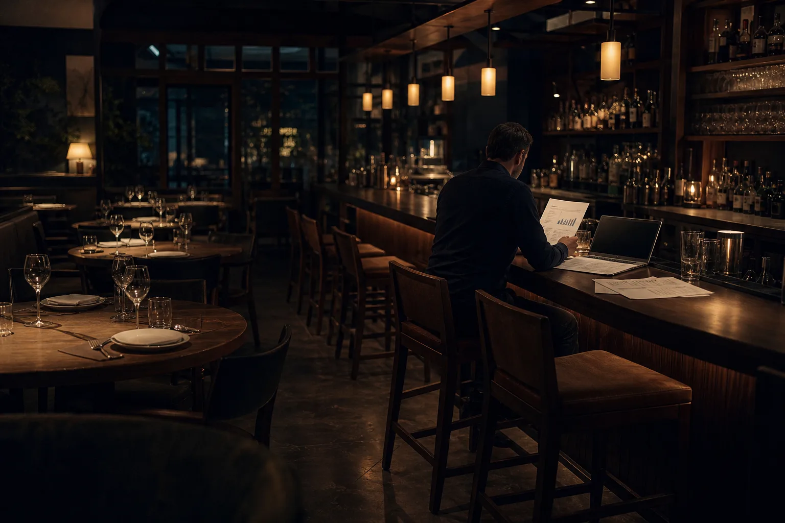 An operator reviewing printed reports and a laptop at the bar of an empty restaurant after close