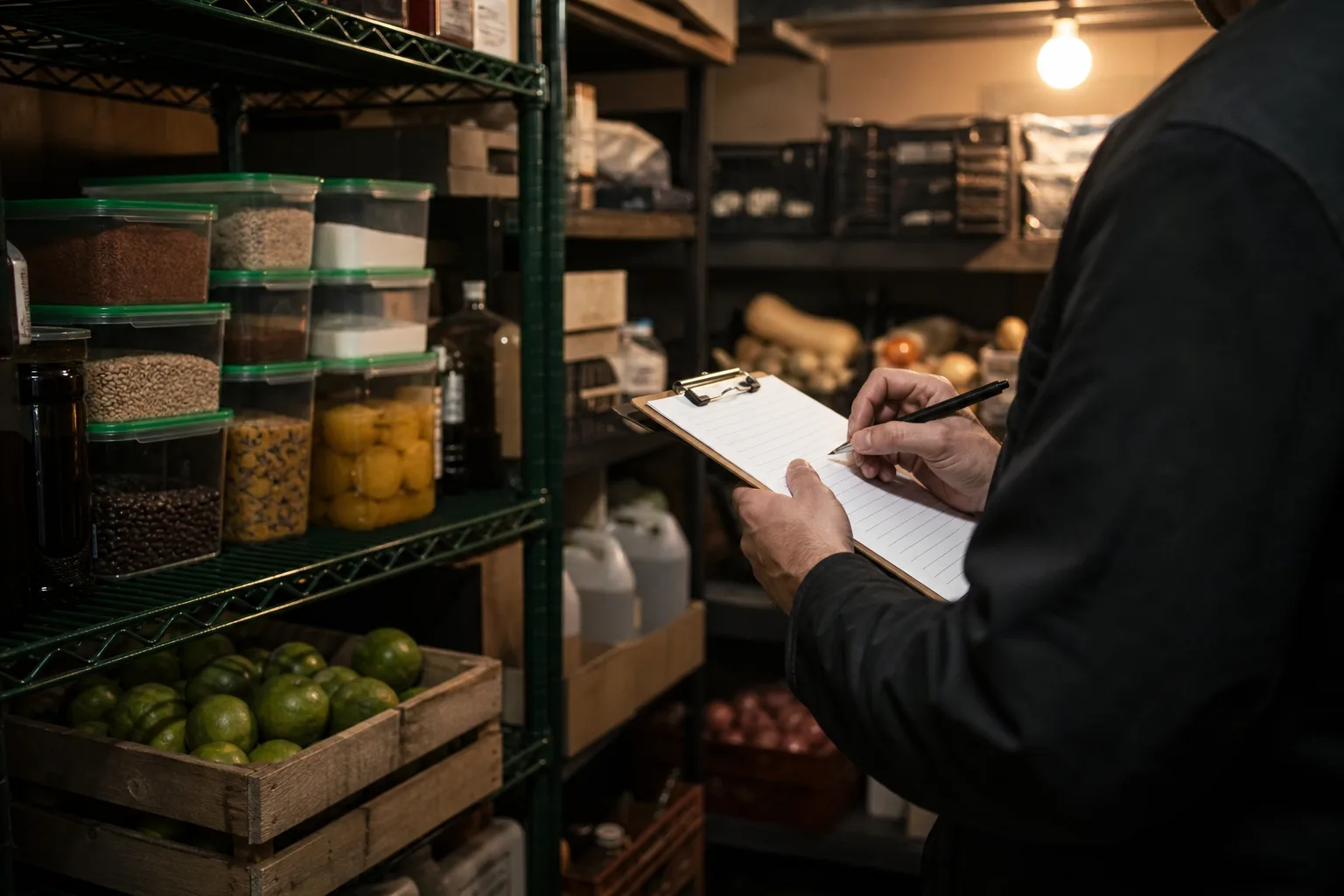 Hands holding a clipboard while counting inventory in a restaurant storage room