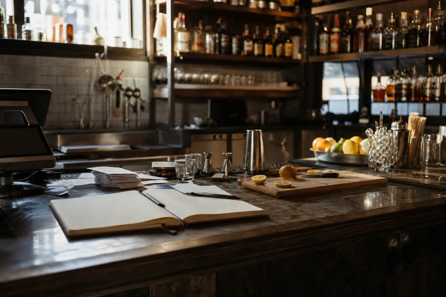 A bar counter during daytime prep with an open notebook, receipts, and a POS terminal